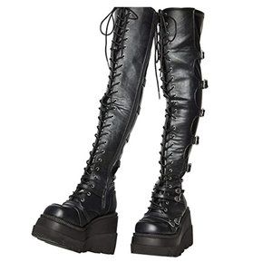 Burning Man Black Thigh High Lace Up Platform Combat Boots